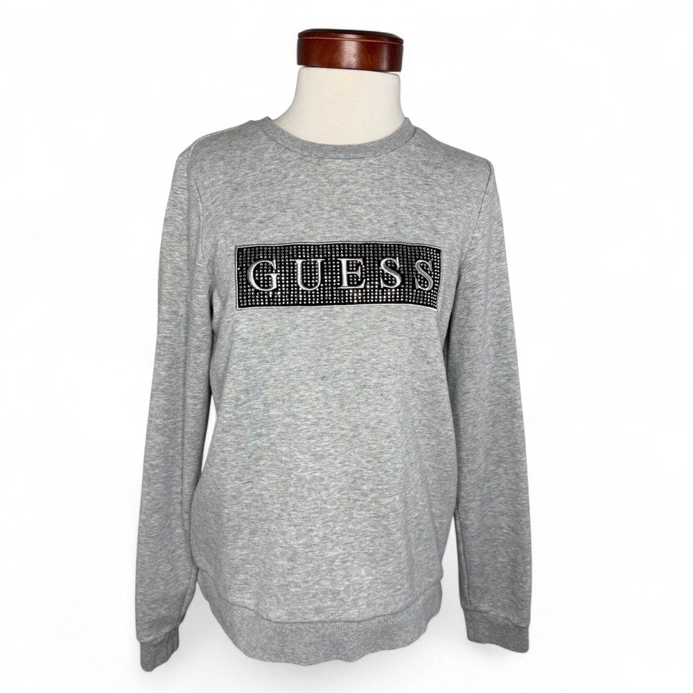 GUESS Gray Rhinestone Logo Sweatshirt Medium Y2K Glam Streetwear Cozy Loungewear